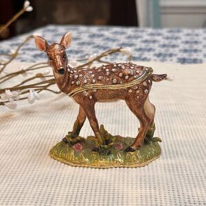 Bejeweled Deer Enamel Pewter Trinket Box Mini Decor With Rhinestones Memorabilia